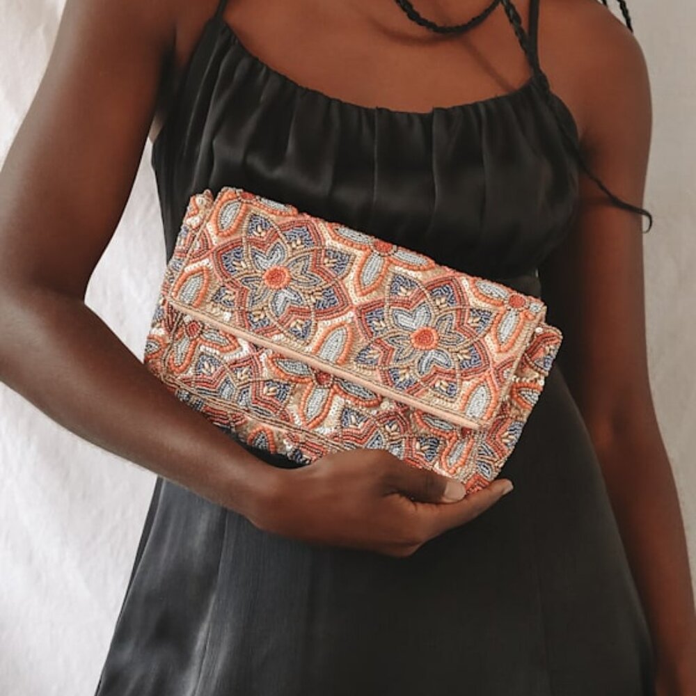 Lulus Style That Stuns Gold Multi Floral Beaded Clutch